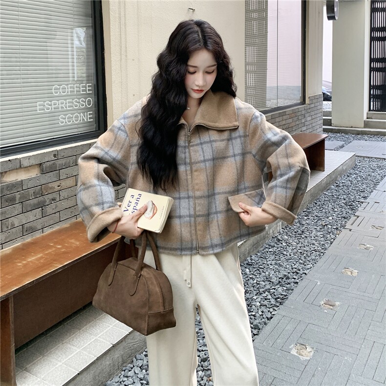卡其色格子双面呢羊毛大衣女秋2025新款学院风小个子韩系毛呢外套,女装短外套,2C057