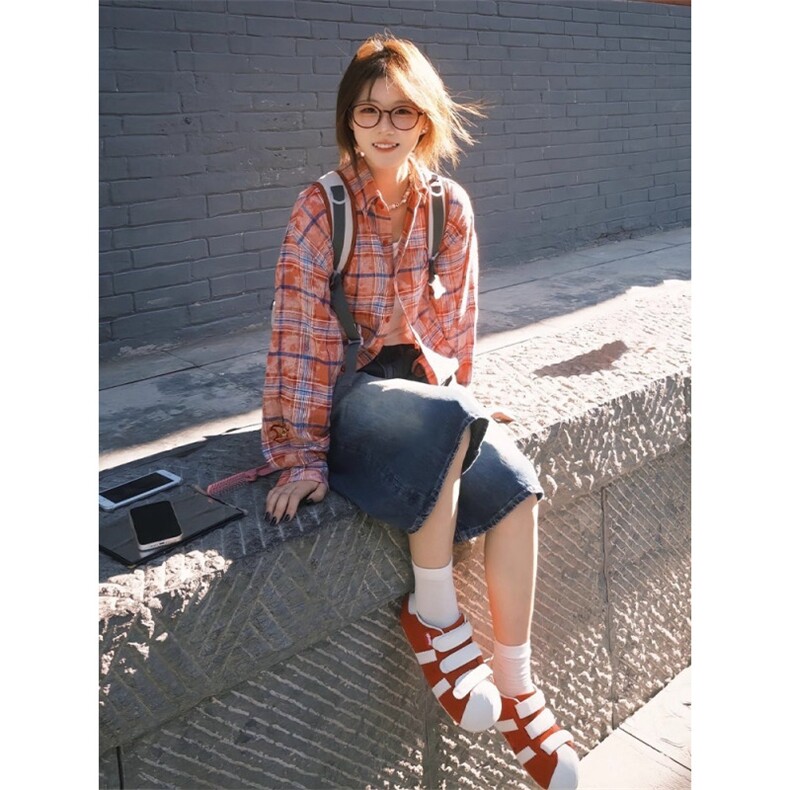 美式复古红色格子长袖衬衫男秋季潮牌慵懒风宽松休闲痞帅衬衣外套,男装衬衫,电商B323A