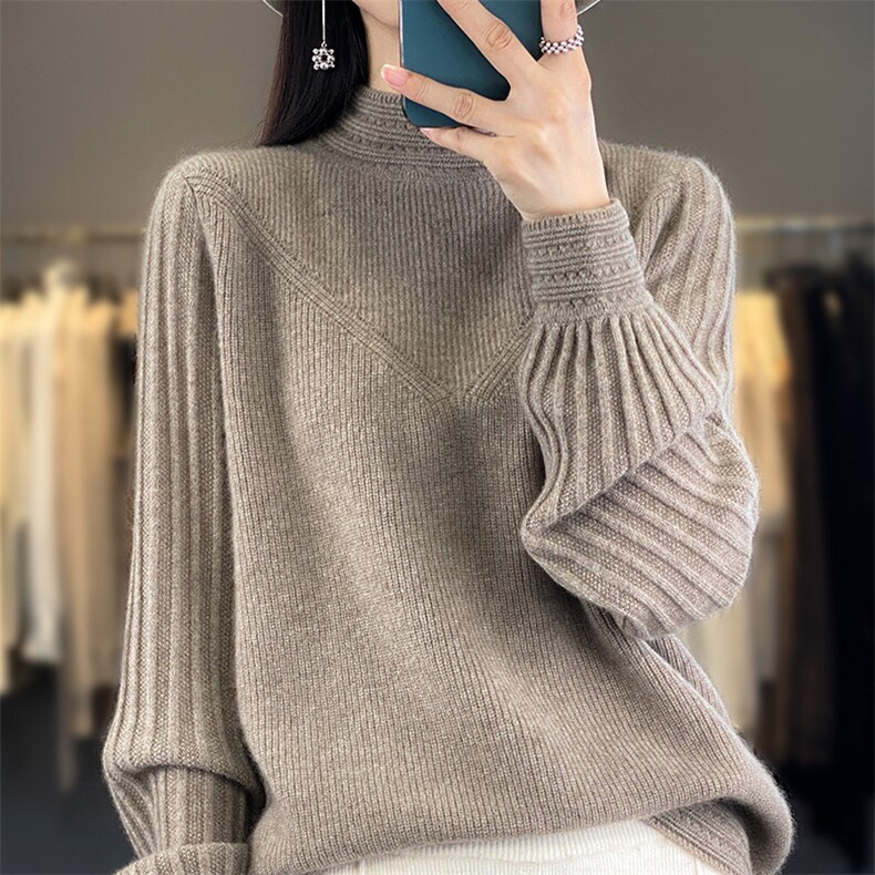 泡泡袖半高领羊毛衫女100羊毛针织衫宽松衫毛衣内搭上衣冬,女装羊毛衫,鸿陌羊绒