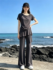 韩版时尚休闲套装女夏季新款斜肩收腰短袖上衣蕾丝屁帘长裤两件套，女装套装/套裙，江南