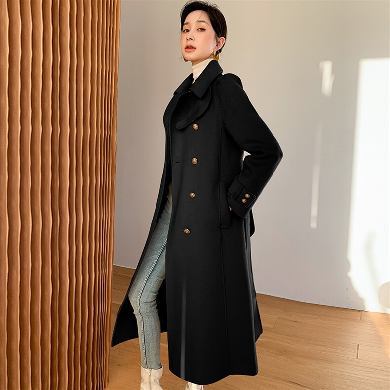 现货2025新款双面羊毛手工缝制双排扣小翻领羊毛呢大衣中长款，女装双面呢大衣，丝露依尚（原SL）