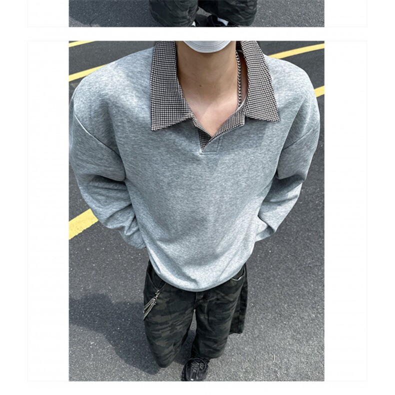 撞色假两件拼接衬衫领卫衣男女秋季长袖设计感上衣翻领宽松情侣款图片