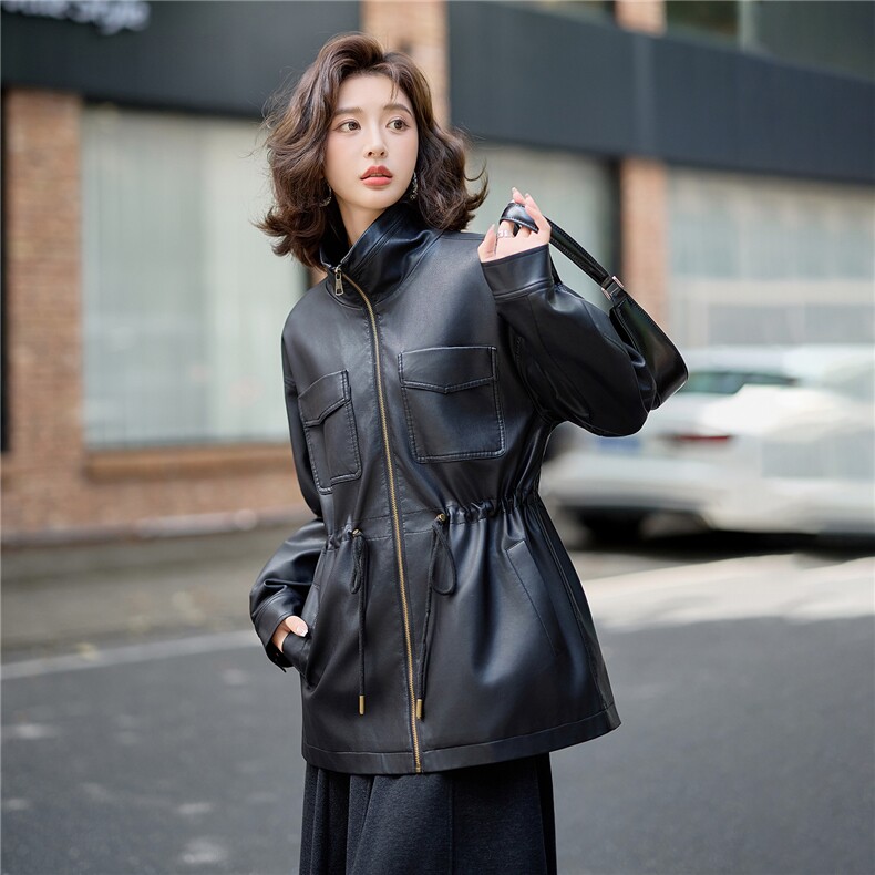 现货设计感皮衣外套女韩系百搭抽绳休闲百搭立领中长款皮风衣,女装皮衣,吾爱衣