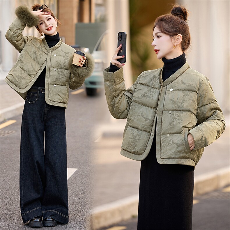 狐狸毛羽绒服女提花短外套2024冬季新款新中式白鸭绒上衣,女装羽绒服,仟媚宠