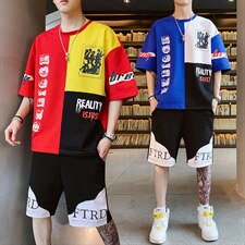 男士短袖t恤休闲套装宽松棉潮流半袖上衣服男夏季男装F155P55，男装套装，电商A086