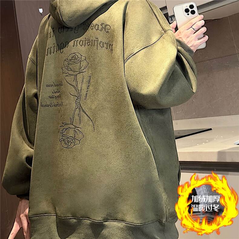 大码450G重磅奥利绒加厚烧花麂皮绒连帽卫衣P65控88常规P58控78图片