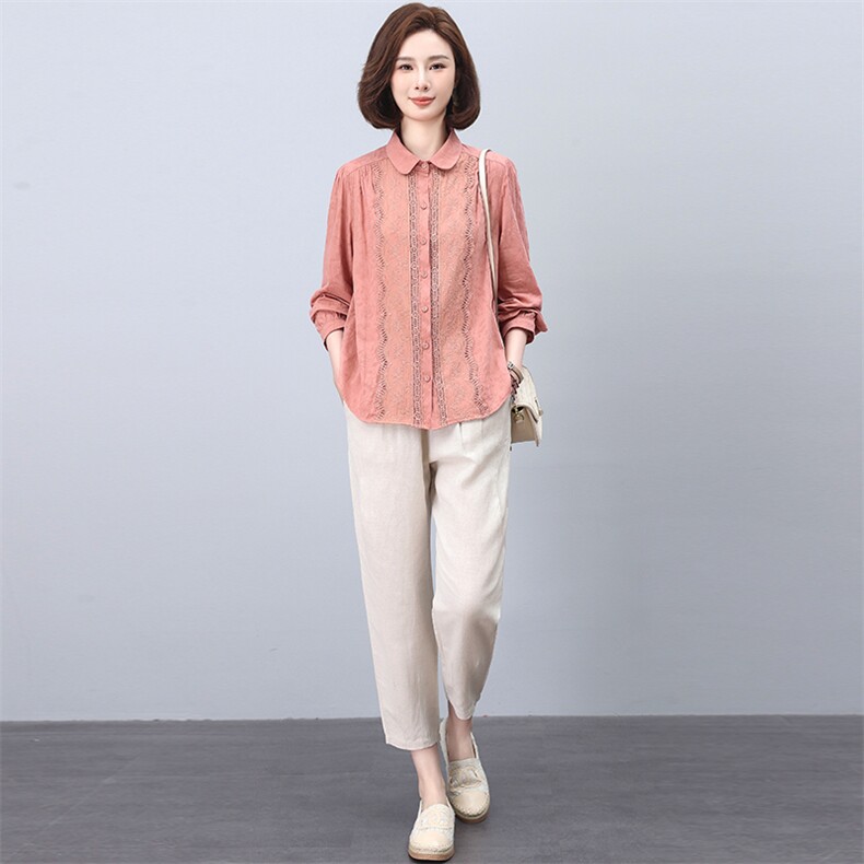 棉麻套装女2025年新款春秋季时尚休闲洋气减龄妈妈衬衫两件套,女装套装/套裙,忆绮罗