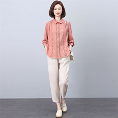 棉麻套装女2025年新款春秋季时尚休闲洋气减龄妈妈衬衫两件套，女装套装/套裙，忆绮罗