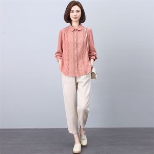 棉麻套装女2025年新款春秋季时尚休闲洋气减龄妈妈衬衫两件套图片
