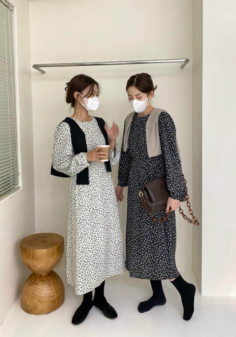 秋季韩版碎花连衣裙，女装连衣裙，唇蔻