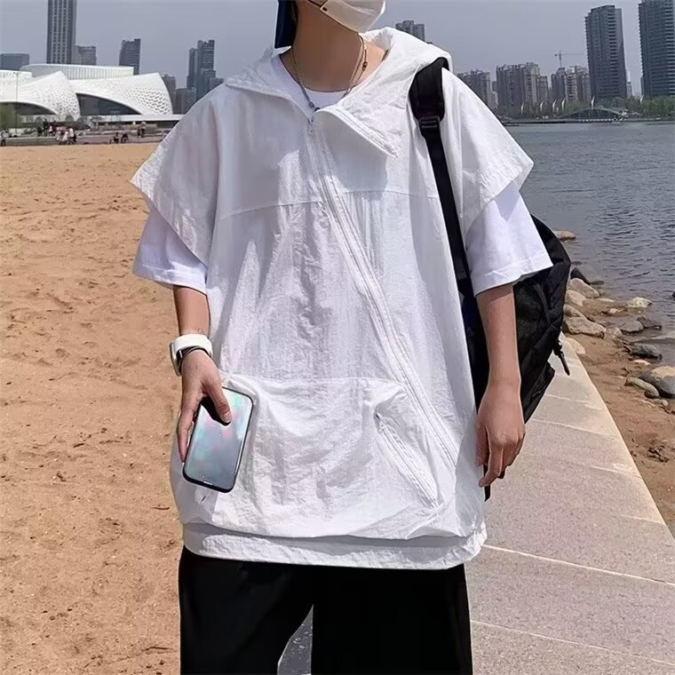 山本耀司连帽短袖t恤男高级感无袖冲锋衣马甲暗黑系设计感5五分袖图片