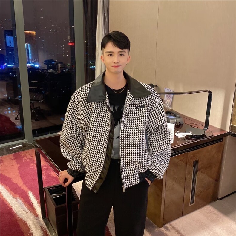 春秋季网红千鸟格短款夹克男士宽松韩版休闲外套高级感百搭上衣,男装夹克,四季星座505