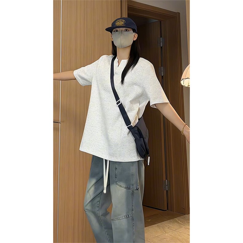 休闲风半开领短袖T恤男女宽松重磅纯棉小领口上衣T3709-特价P20,男装T恤,电商A007