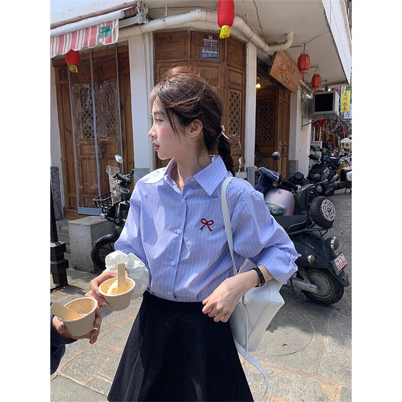 TC654-p45盐系通勤蓝色条纹衬衫蝴蝶结刺绣长袖韩版衬衣,女装衬衫,星座617A-2