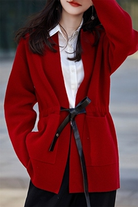中长款100%纯羊毛开衫女圆领带兜腰带外套长袖毛衣宽松针织羊绒衫图片
