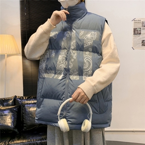 2026秋冬宽松立领印花羽绒棉马甲背心手塞棉 MJ17500/P75 蓝色图片