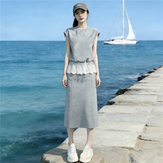 设计感时尚气质简约套装女夏新款蕾丝拼接无袖上衣半身长裙两件套，女装套装/套裙，江南