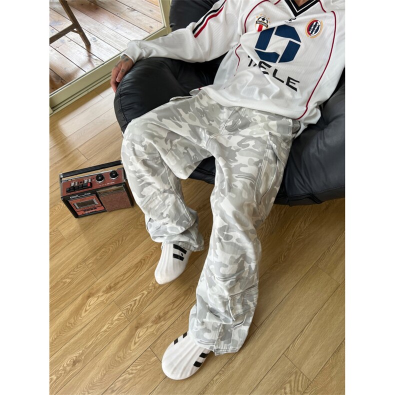 美式水洗雪地迷彩多口袋牛仔工装裤男女同款风直筒微喇休闲裤,男装工装外套,四季星座505