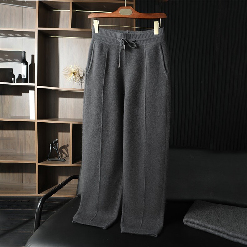 鄂尔多斯市加厚阔腿裤中缝羊毛针织直筒裤女羊绒休闲系带高腰裤子，男装休闲裤，台绒羊绒