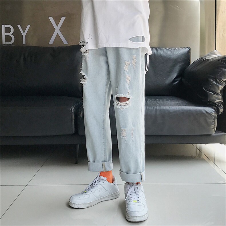 破洞牛仔裤男ins潮牌直筒宽松百搭韩版网红抖音九分裤n60,男装牛仔裤,星座1008