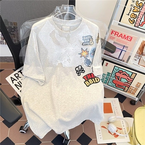 2025潮趣味logo贴布刺绣短袖T恤男女夏季宽松情侣上衣ST573-P41图片