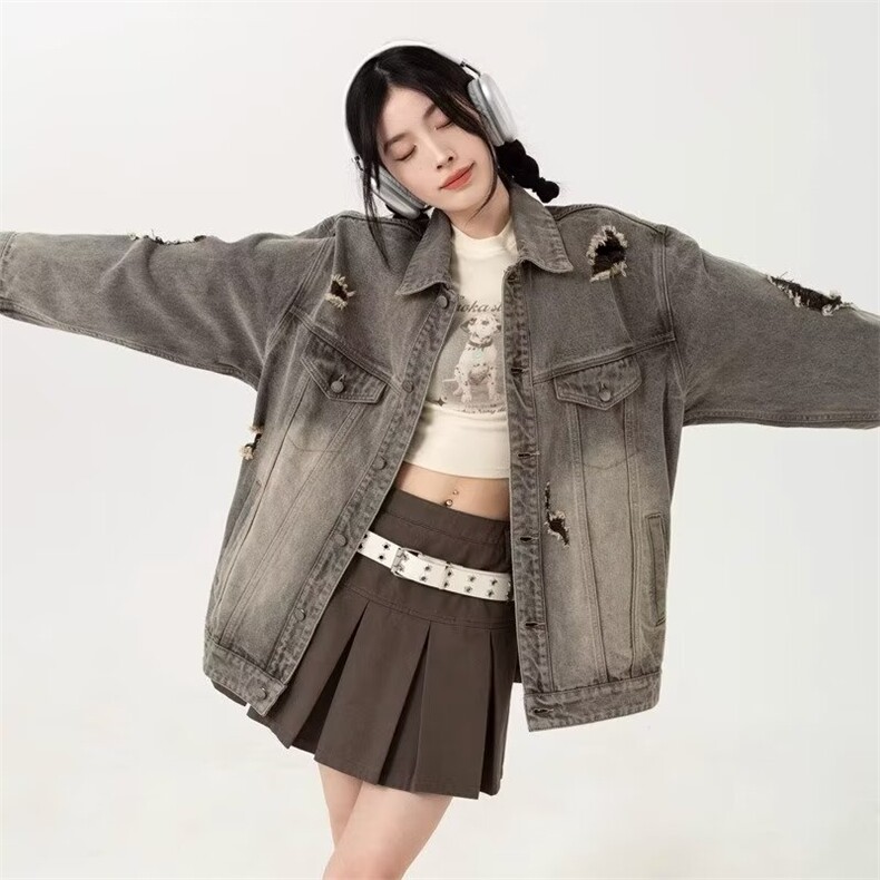 现货美式复古设计感牛仔外套女春秋宽松百搭水洗破洞情侣款夹克潮,男装工装外套,星座302B