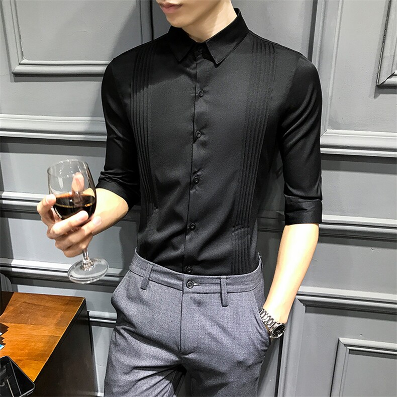 LT118-社会小伙七分袖衬衫纯色优雅派对正式衬衣发型师工作服P45，男装衬衫，星座717A