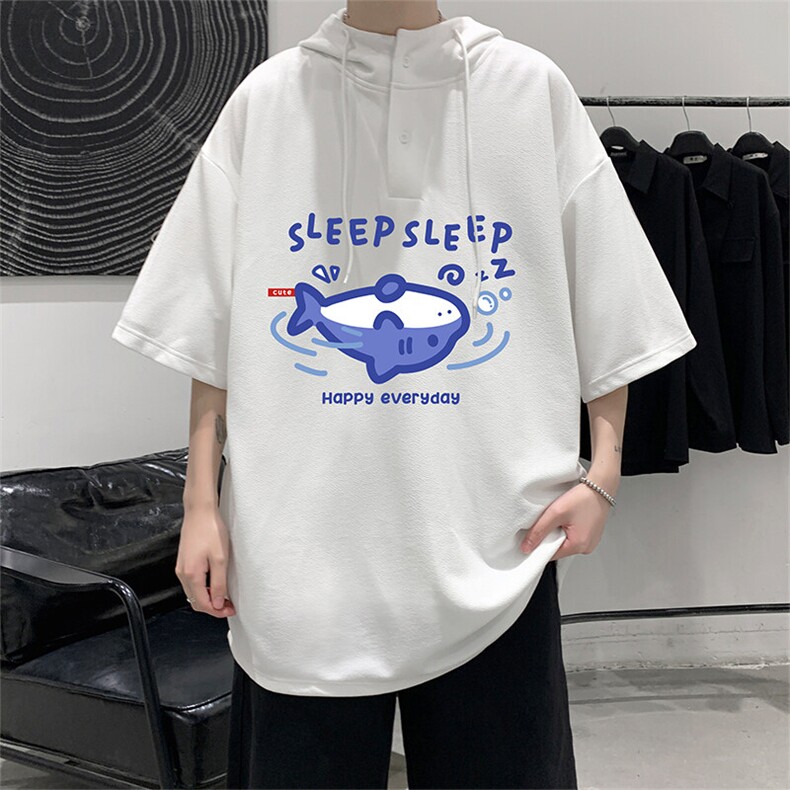 LD54453-P45 连帽短袖t恤男大码胖子带帽五分袖中袖图片