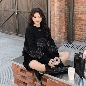 春季新款拼接亮片宽松卫衣连衣裙 时尚显瘦百搭女装外套图片