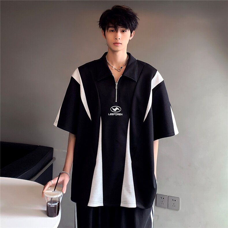 解构设计感半拉链撞色拼接潮男运动男款POLO衫短袖T恤T295-P48，男装Polo衫，电商C307