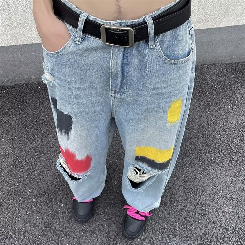 夏季涂鸦蓝色洗水破洞牛仔裤HK106P43,男装牛仔裤,星座1116-2