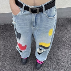 夏季涂鸦蓝色洗水破洞牛仔裤HK106P43，男装牛仔裤，星座1116-2