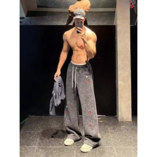 潮牌拼接扎染加绒卫裤男冬季美式设计感百搭弯刀裤重磅运动休闲裤，男装休闲裤，四季星座505