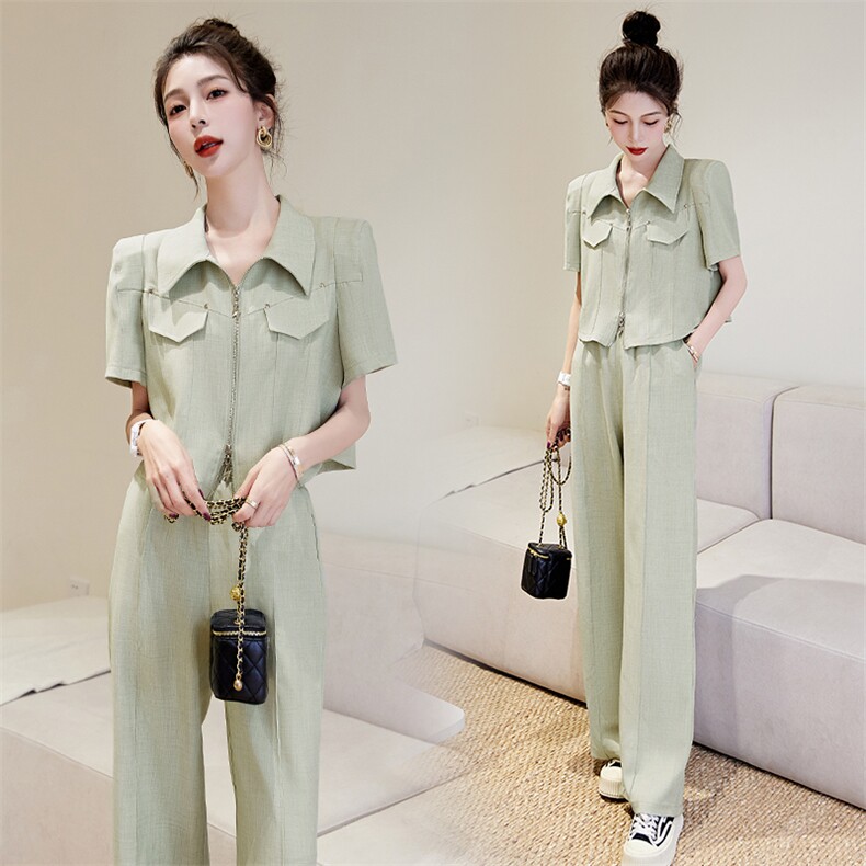夏季时尚休闲套装女2023新款高级感气质减龄短袖衬衫阔腿裤两件套,女装套装/套裙,艾仟回(原伊仟回)