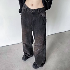 水洗做旧抓痕牛仔裤男美式潮牌宽松阔腿小众直筒长裤子NU15，男装牛仔裤，星座1116A-1（原606A）