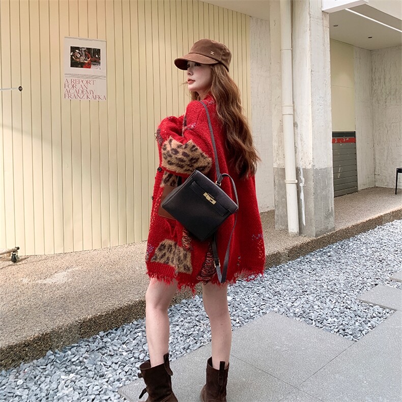 韩系chic独特设计红色针织衫外套女春秋超火好看高级小众开衫毛衣,针织衫/毛衣,2C010