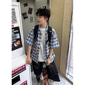 嘻哈格子刺绣短袖衬衫男女同款休闲宽松衬衣阳光绣花 C929图片