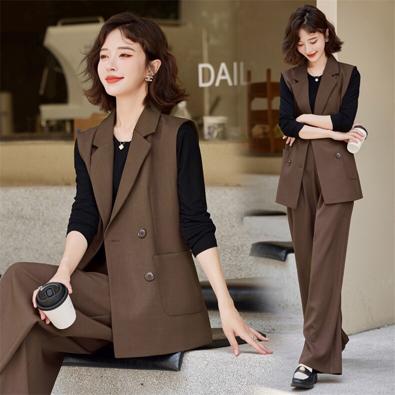 通勤职业西装套装女2025春秋新时尚衬衫马甲上衣坠感阔腿裤三件套，女装套装/套裙，悠米