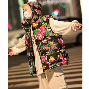 M4风东北大花棉马甲外套大码宽松秋冬汉服外衣坎肩背心连帽图片