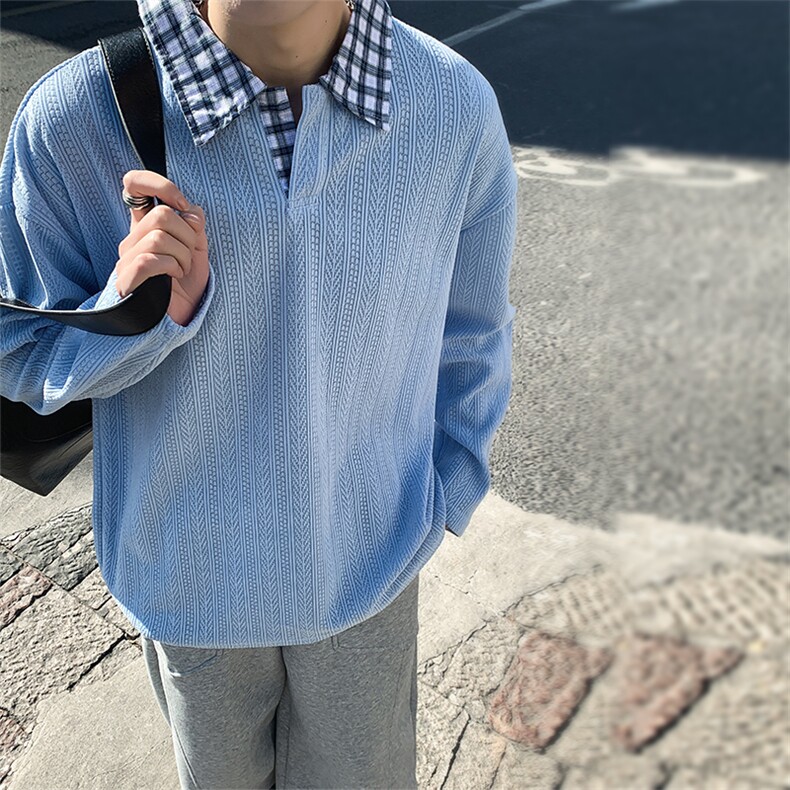 美式假两件格子翻领卫衣潮流宽松polo衫A161-MT-2602-P42,男装卫衣,电商A161