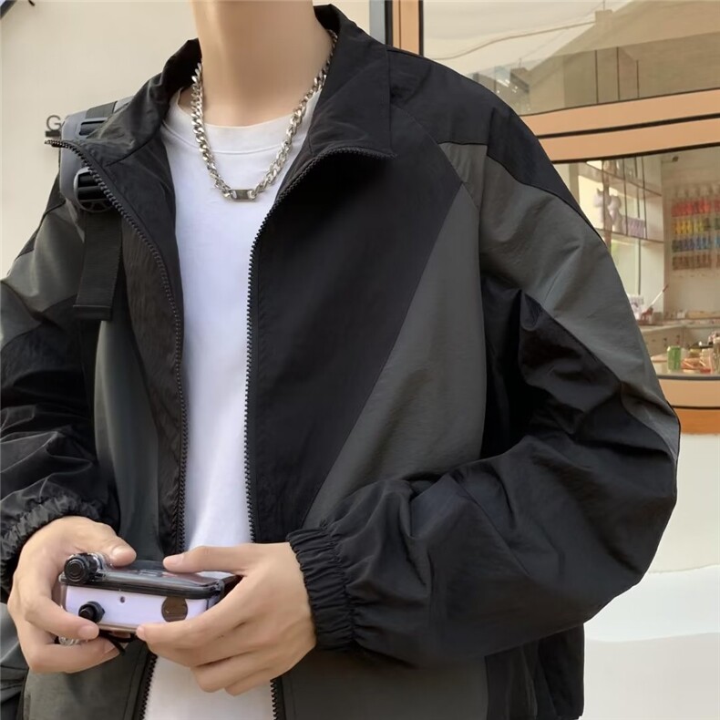 港风秋款男夹克衫翻领拼色休闲冲锋衣外套JK099 P50图片