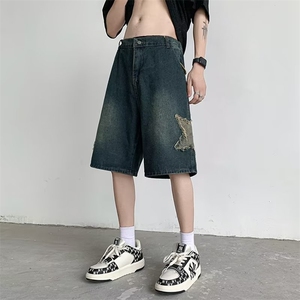 美式潮牛仔短裤男夏季设计感水洗做旧潮牌潮流宽松五分裤子图片