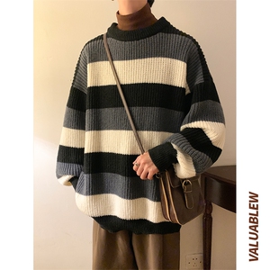 ！22新款宽松大码半高领条纹毛衣加厚针织衫M83-P55控78图片