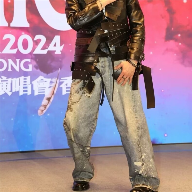 现货重磅高街链条挂坠印花做旧牛仔裤男潮流宽松直筒慵懒风长裤,男装牛仔裤,星座218-1（原230）