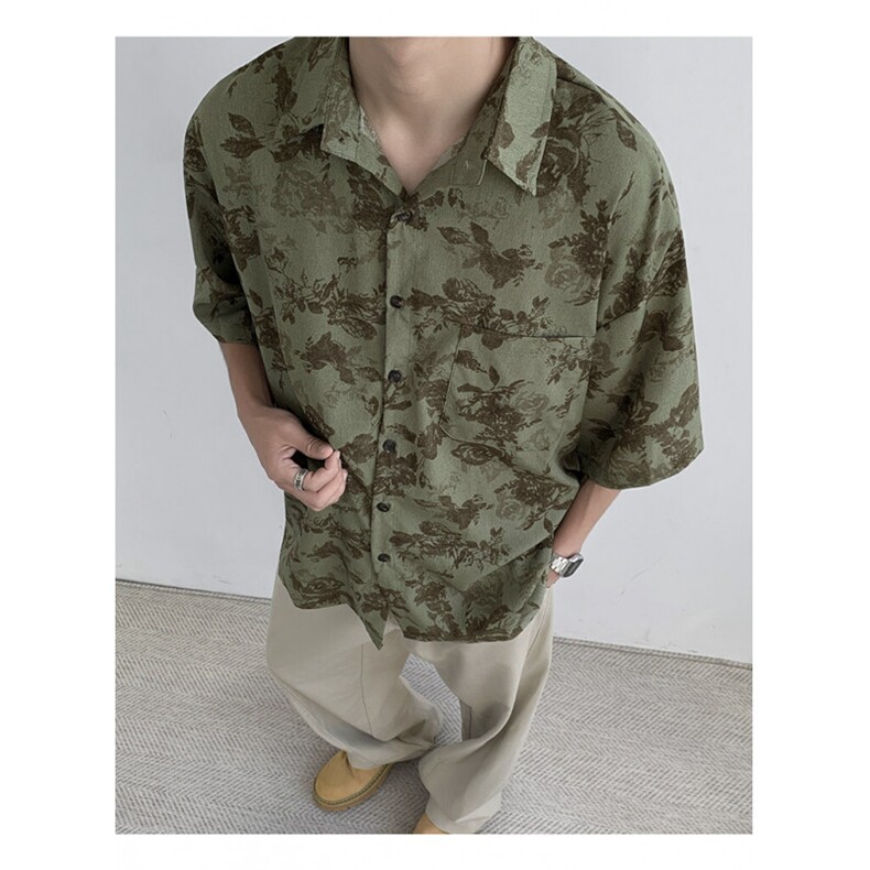冰丝薄款印花衬衫夏季休闲ins痞帅风短袖沙滩衬衣男C0222-P35图片