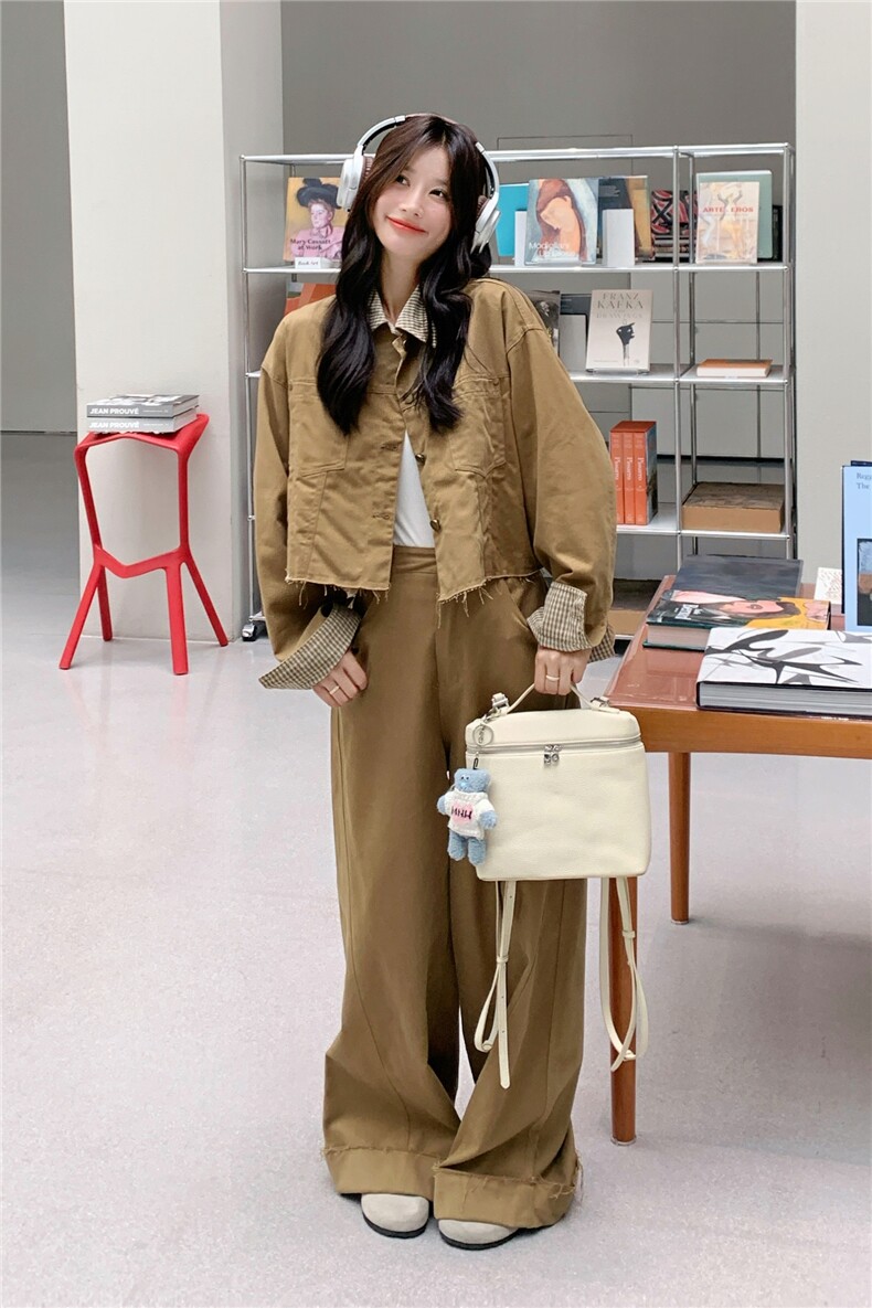 卡其色工装格子拼接夹克套装女秋2025新款一整套穿搭阔腿裤两件套,女装套装/套裙,2C133