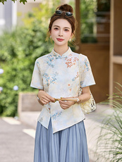 新中式国风套装裙女2025夏新款气质印花盘扣短袖上衣半身裙两件套，女装套装/套裙，沁沁公主