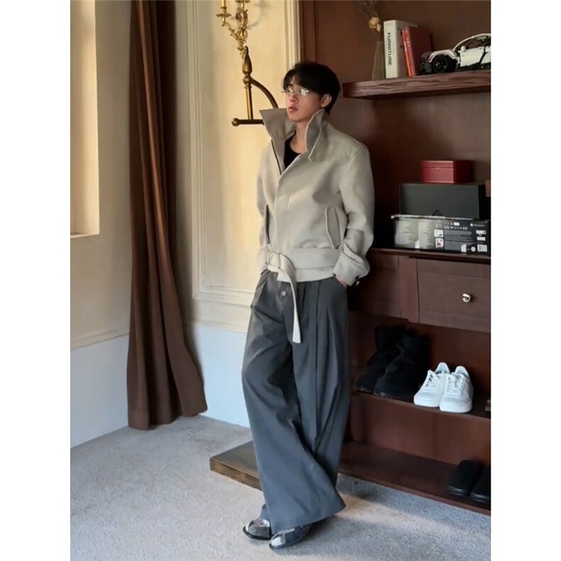 美式复古绑带廓形毛呢夹克男女cleanfit高级感短款宽松情侣外套潮,男装夹克,星座506A