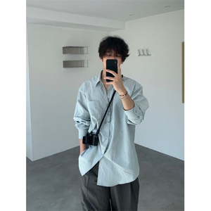 条纹休闲衬衫男春季宽松长袖衬衣韩版潮流翻领上衣710-806P50图片