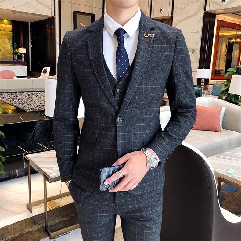格子西装男套装三件套商务修身礼服正装SJT-X13-P280,男装休闲套装,星座1012